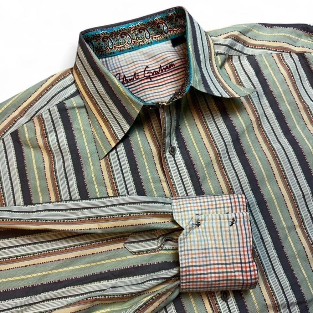 Robert Graham flip cuff business button collared multicolor shirt large READ